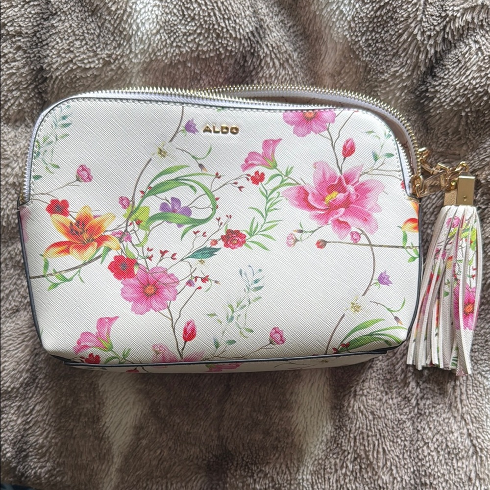 Aldo White and Pink Cosmetic Bag with Floral Design
